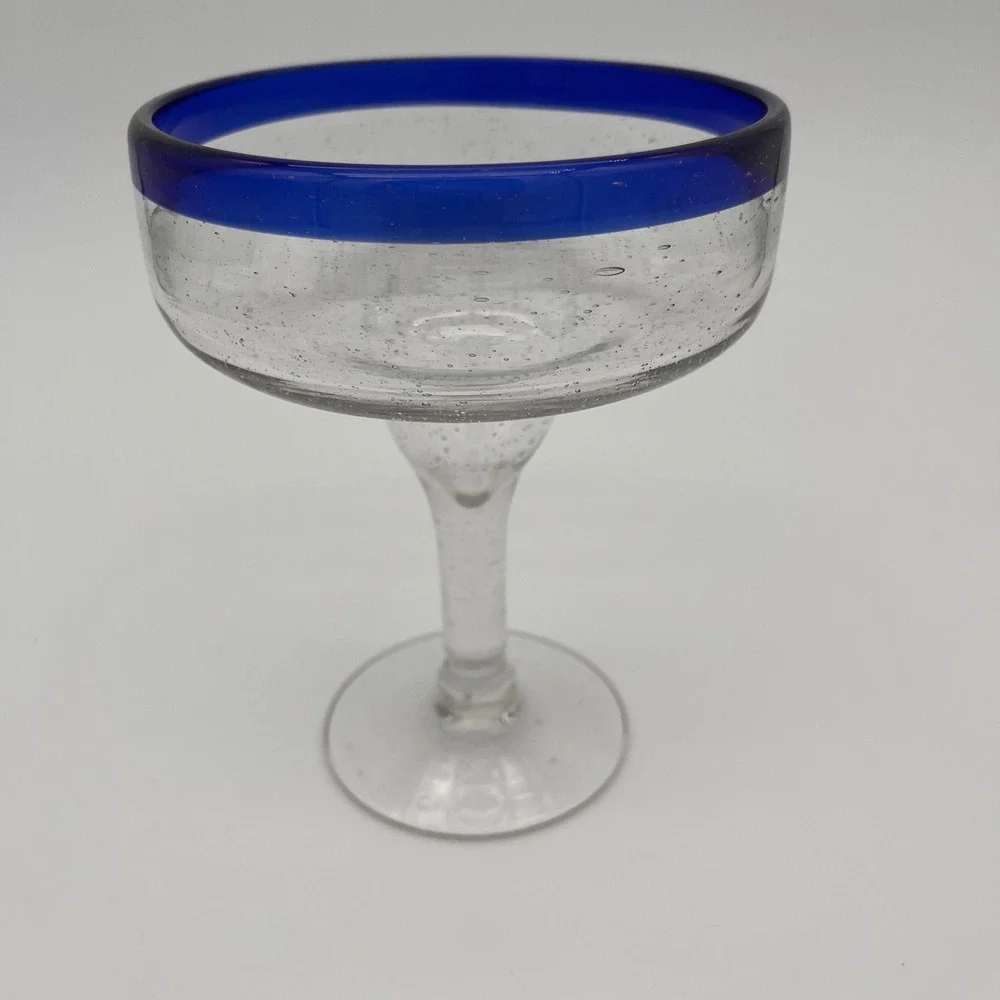 Hand Blown Mexican Margarita Glass Cobalt Blue Rim Seeded Glass Barware